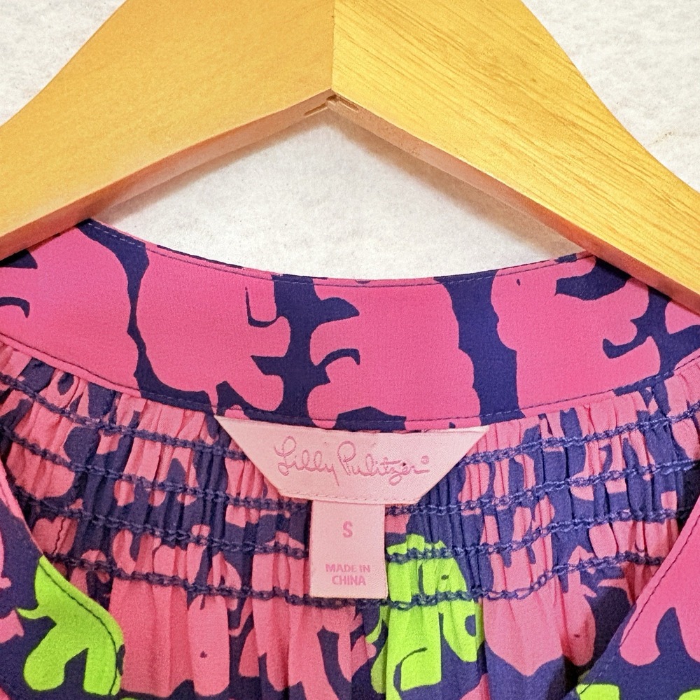 LILLY PULITZER Elsa Top 100% Silk Elephant Print Colorful Artsy Size Small *Flaw - Picture 6 of 8